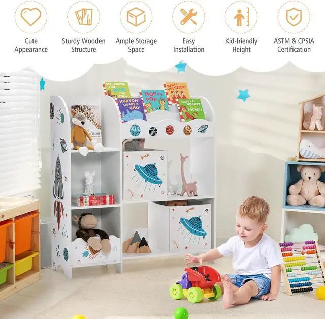 Alt view image 6 of 7 - SlickBlue Kids Toy and Book Organizer Children Wooden Storage Cabinet with Storage Bins