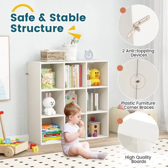 Alt view image 6 of 7 - SlickBlue Wooden Kids Bookcase with Storage Cubbies and Anti-toppling Devices-White