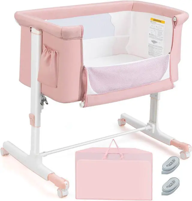 Alt view image 3 of 6 - SlickBlue Portable Baby Bedside Bassinet with 5-level Adjustable Heights and Travel Bag-Pink