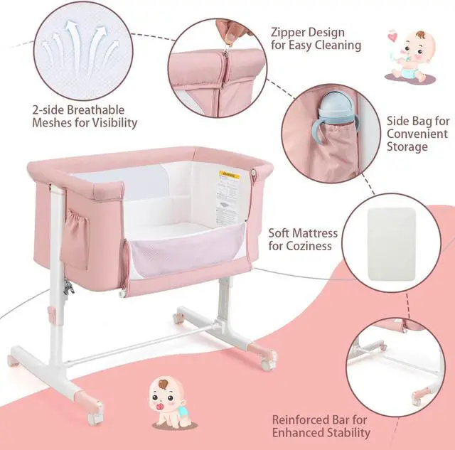 Alt view image 4 of 6 - SlickBlue Portable Baby Bedside Bassinet with 5-level Adjustable Heights and Travel Bag-Pink