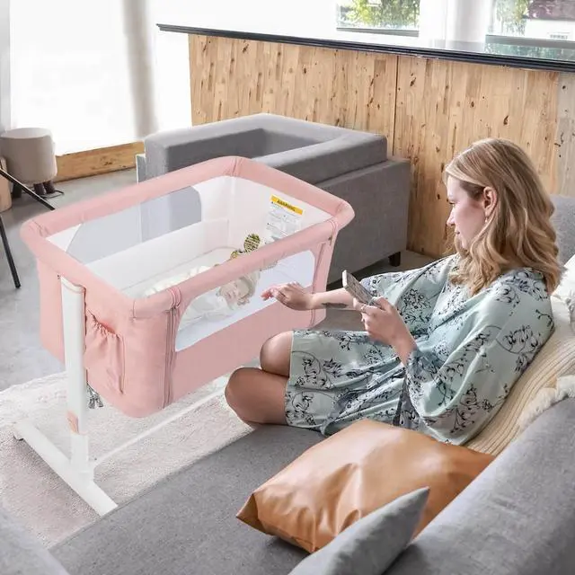 Alt view image 2 of 6 - SlickBlue Portable Baby Bedside Bassinet with 5-level Adjustable Heights and Travel Bag-Pink