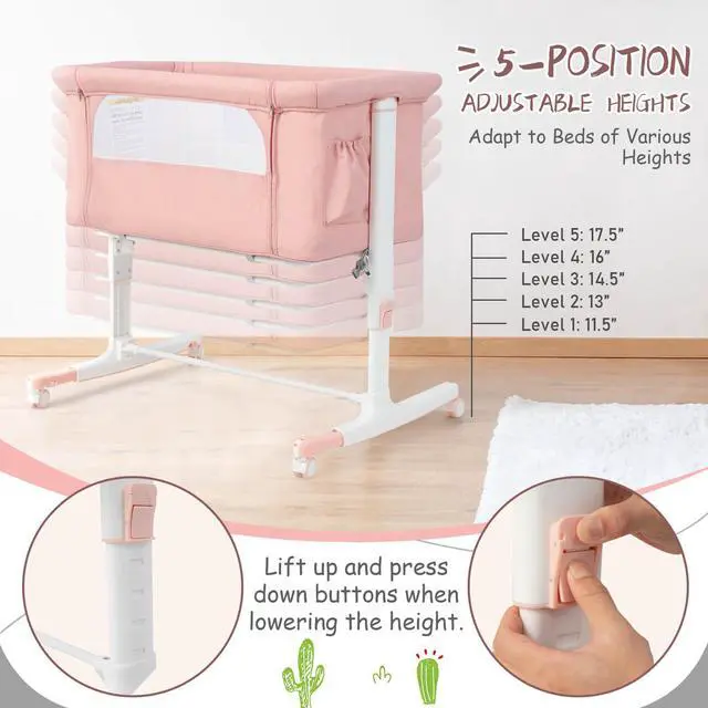 Main image of SlickBlue Portable Baby Bedside Bassinet with 5-level Adjustable Heights and Travel Bag-Pink