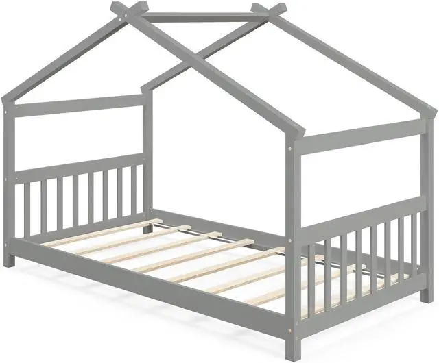 Alt view image 2 of 7 - SlickBlue Twin Size Wooden House Bed with Roof
