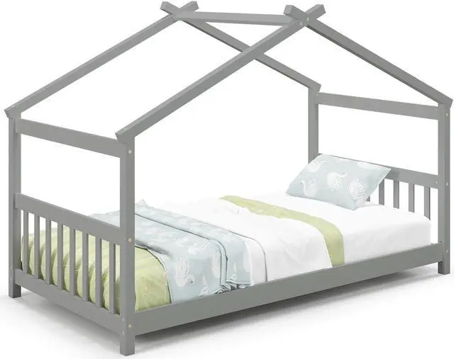 Main image of SlickBlue Twin Size Wooden House Bed with Roof