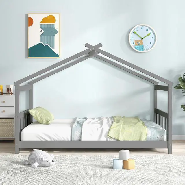 Alt view image 3 of 7 - SlickBlue Twin Size Wooden House Bed with Roof