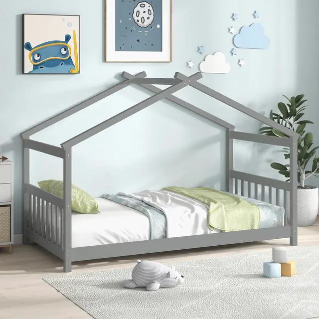 Alt view image 4 of 7 - SlickBlue Twin Size Wooden House Bed with Roof