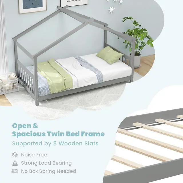 Alt view image 7 of 7 - SlickBlue Twin Size Wooden House Bed with Roof