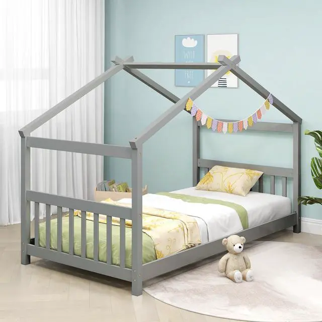 Alt view image 6 of 7 - SlickBlue Twin Size Wooden House Bed with Roof