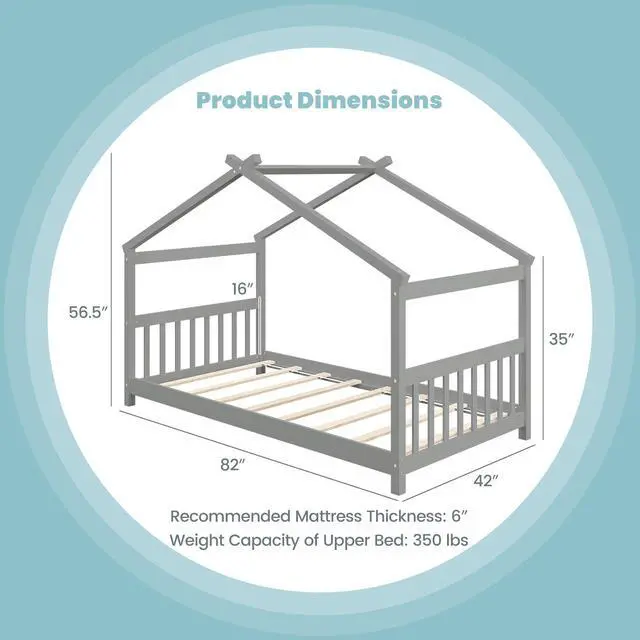 Alt view image 5 of 7 - SlickBlue Twin Size Wooden House Bed with Roof
