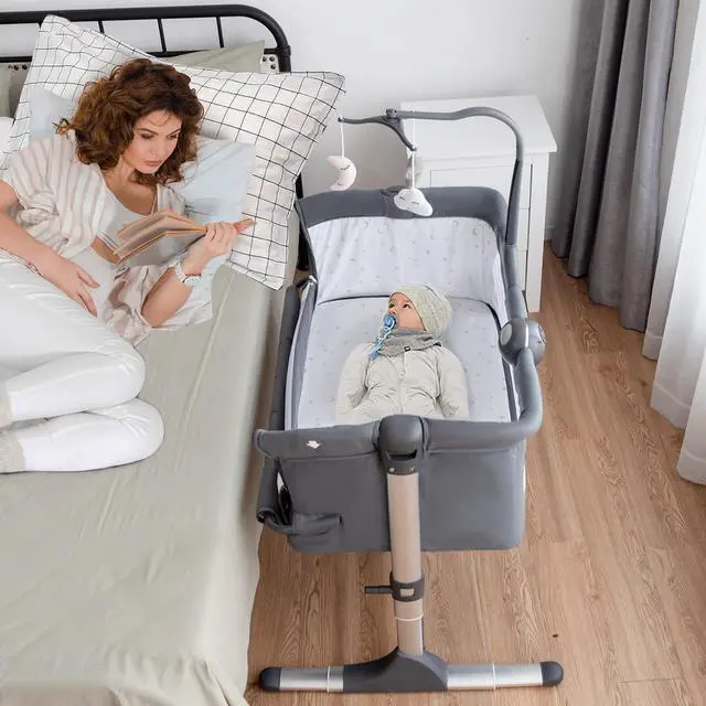 Alt view image 2 of 6 - SlickBlue Height Adjustable Baby Side Crib  with Music Box & Toys