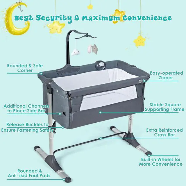 Alt view image 4 of 6 - SlickBlue Height Adjustable Baby Side Crib  with Music Box & Toys
