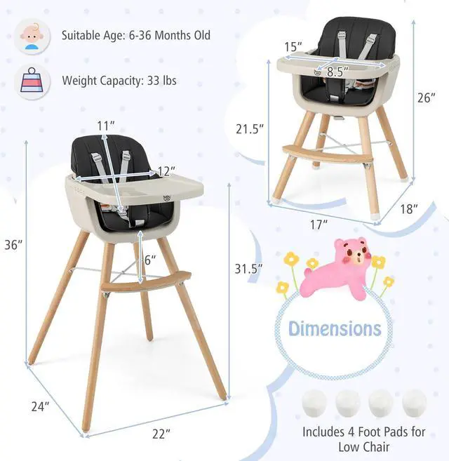 Alt view image 4 of 6 - SlickBlue 3-in-1 Convertible Wooden High Chair with Cushion