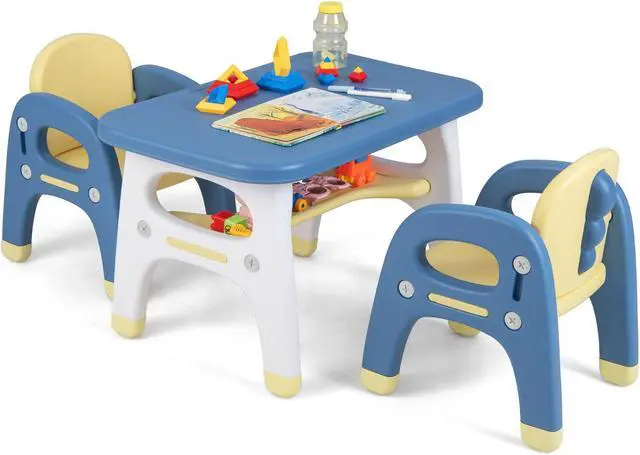 Alt view image 2 of 6 - SlickBlue Kids Table and 2 Chairs Set with Storage Shelf and Building Blocks