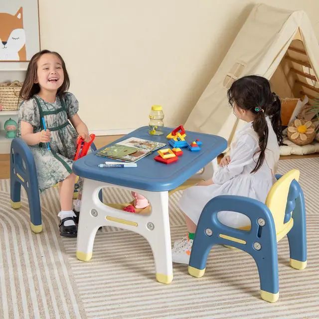 Alt view image 3 of 6 - SlickBlue Kids Table and 2 Chairs Set with Storage Shelf and Building Blocks