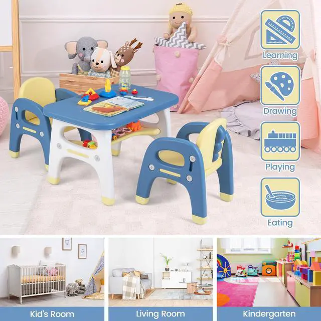 Alt view image 5 of 6 - SlickBlue Kids Table and 2 Chairs Set with Storage Shelf and Building Blocks