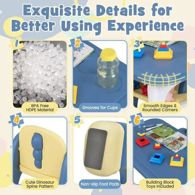 Alt view image 6 of 6 - SlickBlue Kids Table and 2 Chairs Set with Storage Shelf and Building Blocks