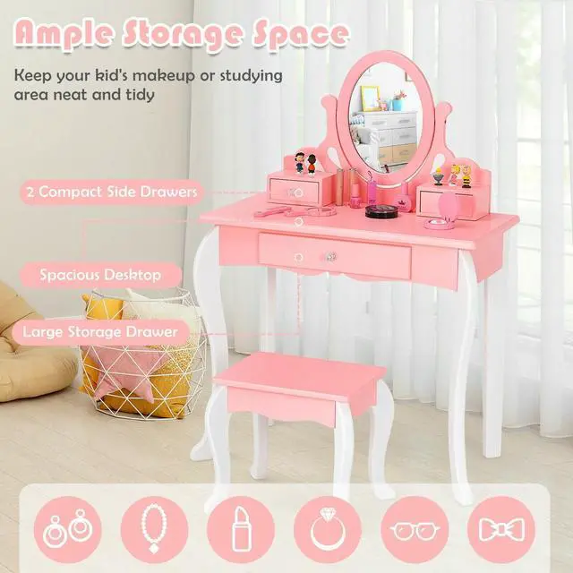 Alt view image 3 of 7 - SlickBlue Kids Vanity Princess Makeup Dressing Table Stool Set with Mirror and Drawer