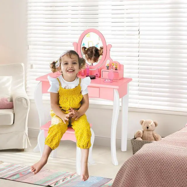 Alt view image 4 of 7 - SlickBlue Kids Vanity Princess Makeup Dressing Table Stool Set with Mirror and Drawer