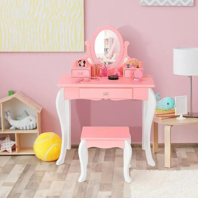 Alt view image 6 of 7 - SlickBlue Kids Vanity Princess Makeup Dressing Table Stool Set with Mirror and Drawer
