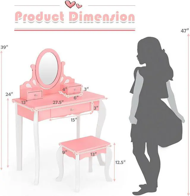 Alt view image 2 of 7 - SlickBlue Kids Vanity Princess Makeup Dressing Table Stool Set with Mirror and Drawer