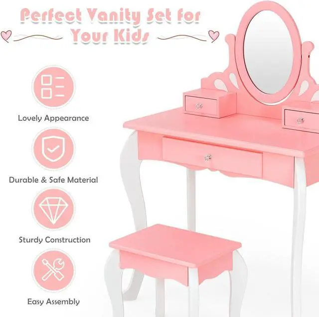 Alt view image 5 of 7 - SlickBlue Kids Vanity Princess Makeup Dressing Table Stool Set with Mirror and Drawer