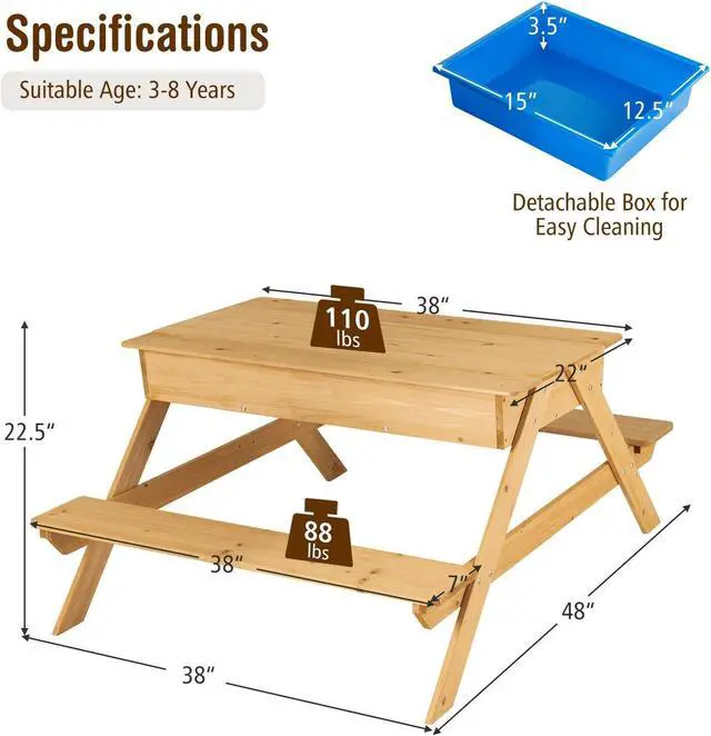Alt view image 2 of 7 - SlickBlue 3-in-1 Kids Picnic Table Wooden Outdoor Water Sand Table with Play Boxes