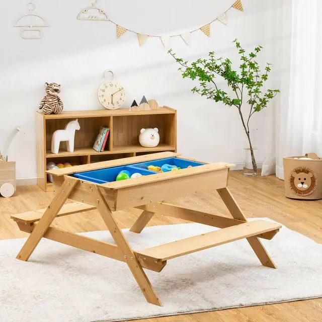 Alt view image 4 of 7 - SlickBlue 3-in-1 Kids Picnic Table Wooden Outdoor Water Sand Table with Play Boxes