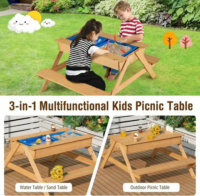 Alt view image 3 of 7 - SlickBlue 3-in-1 Kids Picnic Table Wooden Outdoor Water Sand Table with Play Boxes