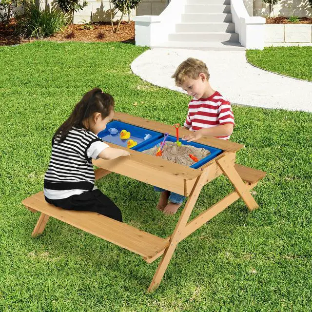 Alt view image 7 of 7 - SlickBlue 3-in-1 Kids Picnic Table Wooden Outdoor Water Sand Table with Play Boxes