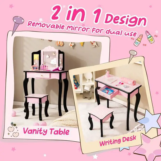 Alt view image 2 of 7 - SlickBlue Kid Vanity Set with Tri-Folding Mirror and Leopard Print-Pink