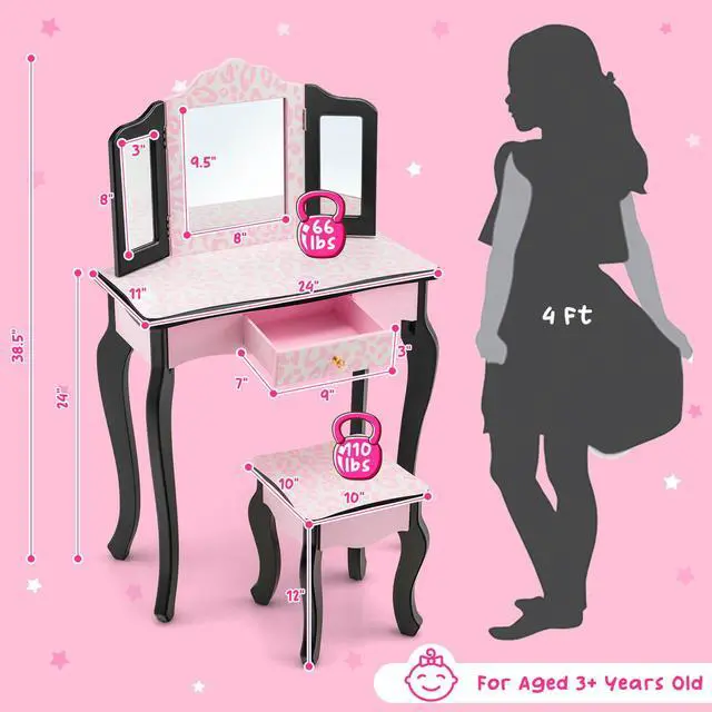 Alt view image 3 of 7 - SlickBlue Kid Vanity Set with Tri-Folding Mirror and Leopard Print-Pink