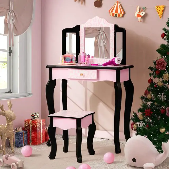 Alt view image 4 of 7 - SlickBlue Kid Vanity Set with Tri-Folding Mirror and Leopard Print-Pink