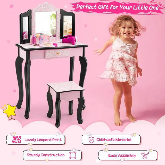 Alt view image 5 of 7 - SlickBlue Kid Vanity Set with Tri-Folding Mirror and Leopard Print-Pink