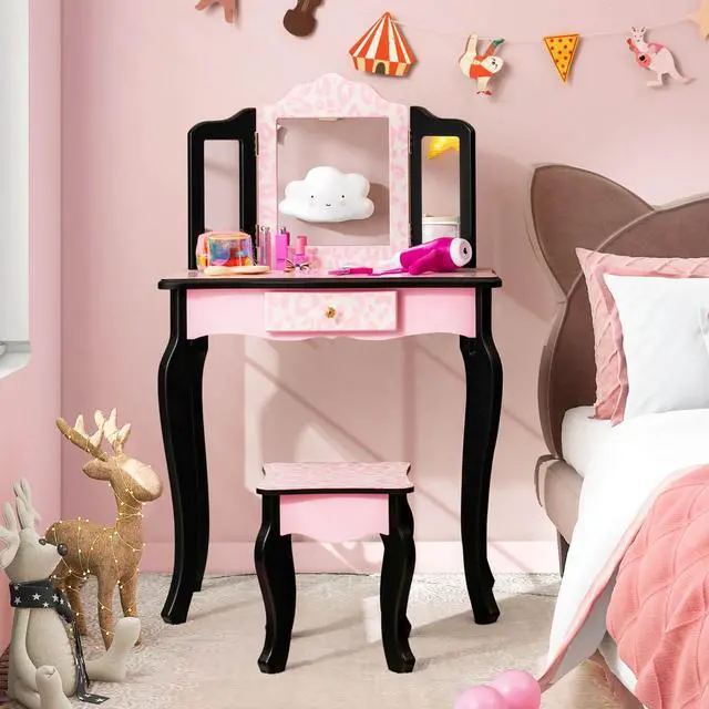 Alt view image 6 of 7 - SlickBlue Kid Vanity Set with Tri-Folding Mirror and Leopard Print-Pink