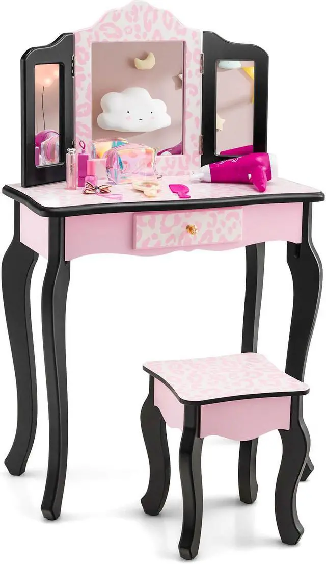 Alt view image 7 of 7 - SlickBlue Kid Vanity Set with Tri-Folding Mirror and Leopard Print-Pink