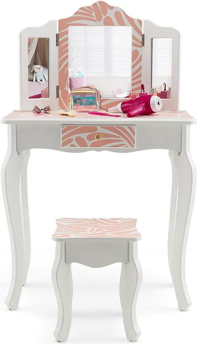 Alt view image 2 of 7 - SlickBlue 2-in-1 Kids Vanity Table Set with Tri-folding Mirror-Pink