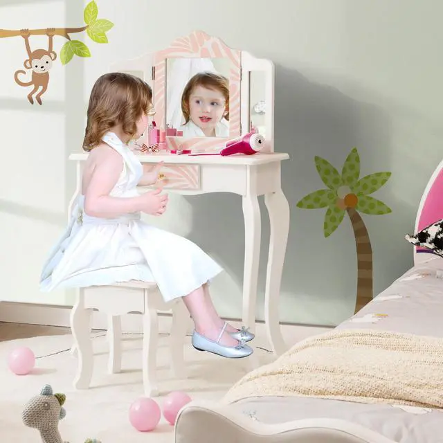 Alt view image 4 of 7 - SlickBlue 2-in-1 Kids Vanity Table Set with Tri-folding Mirror-Pink