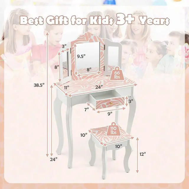 Alt view image 5 of 7 - SlickBlue 2-in-1 Kids Vanity Table Set with Tri-folding Mirror-Pink