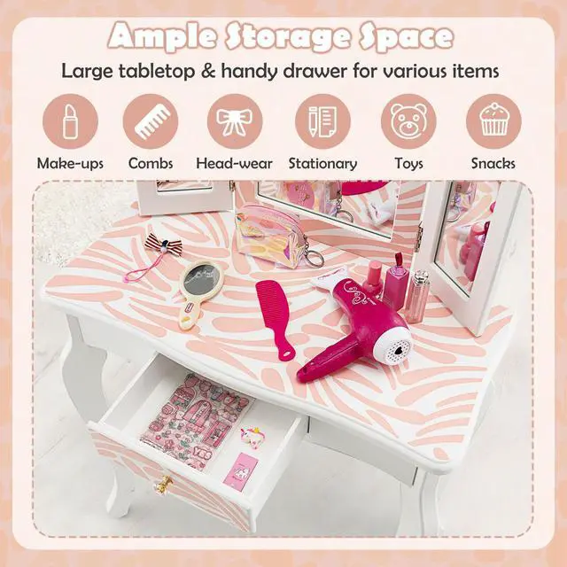 Alt view image 6 of 7 - SlickBlue 2-in-1 Kids Vanity Table Set with Tri-folding Mirror-Pink