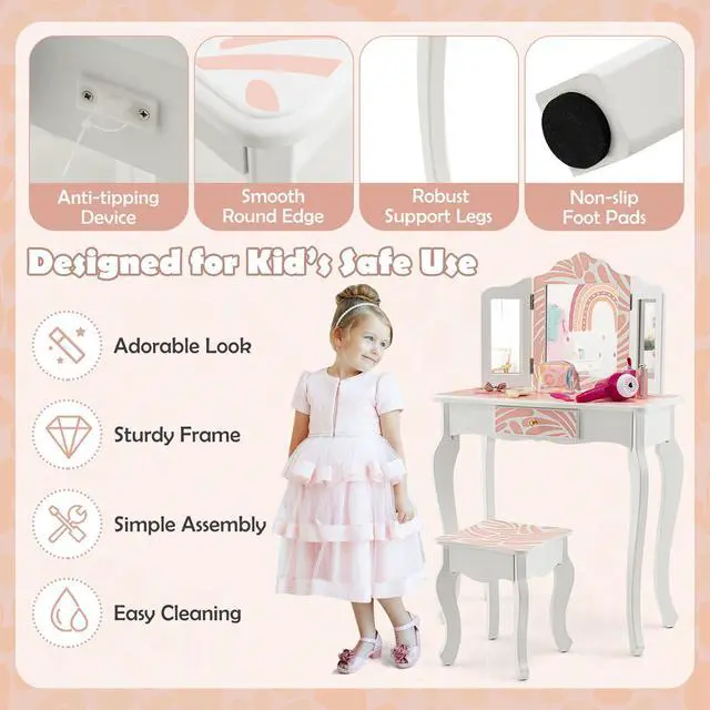 Alt view image 7 of 7 - SlickBlue 2-in-1 Kids Vanity Table Set with Tri-folding Mirror-Pink
