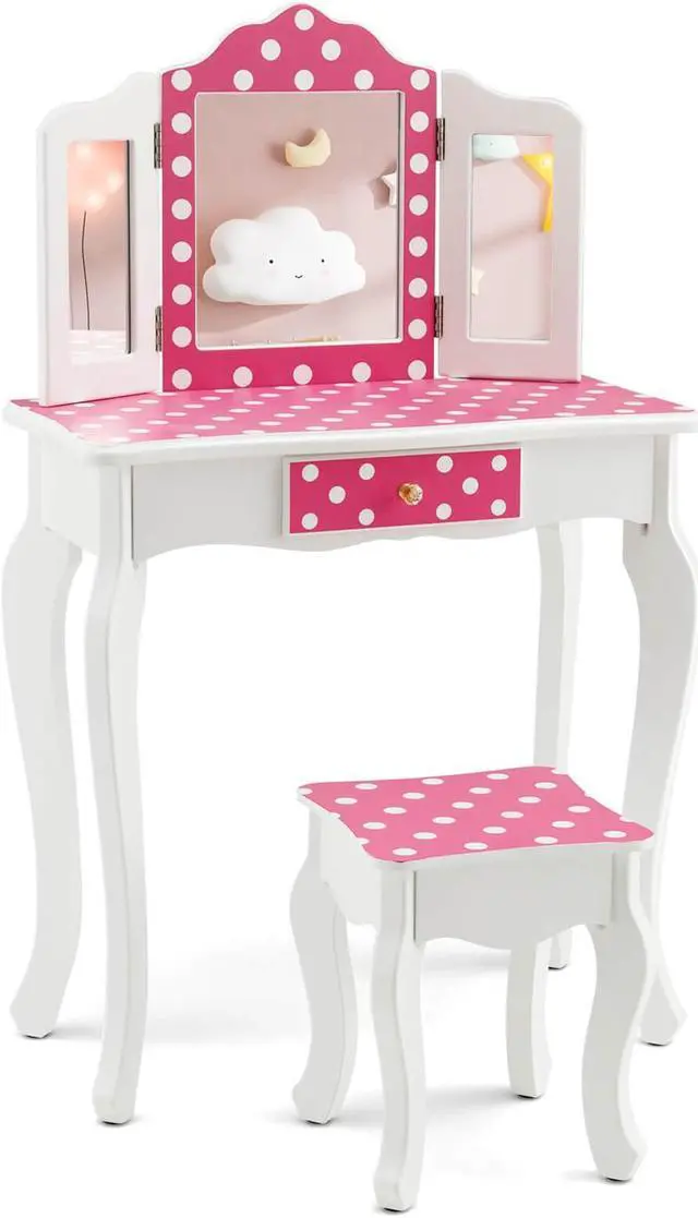 Main image of SlickBlue Kids Vanity Table and Stool Set with Cute Polka Dot Print-Pink