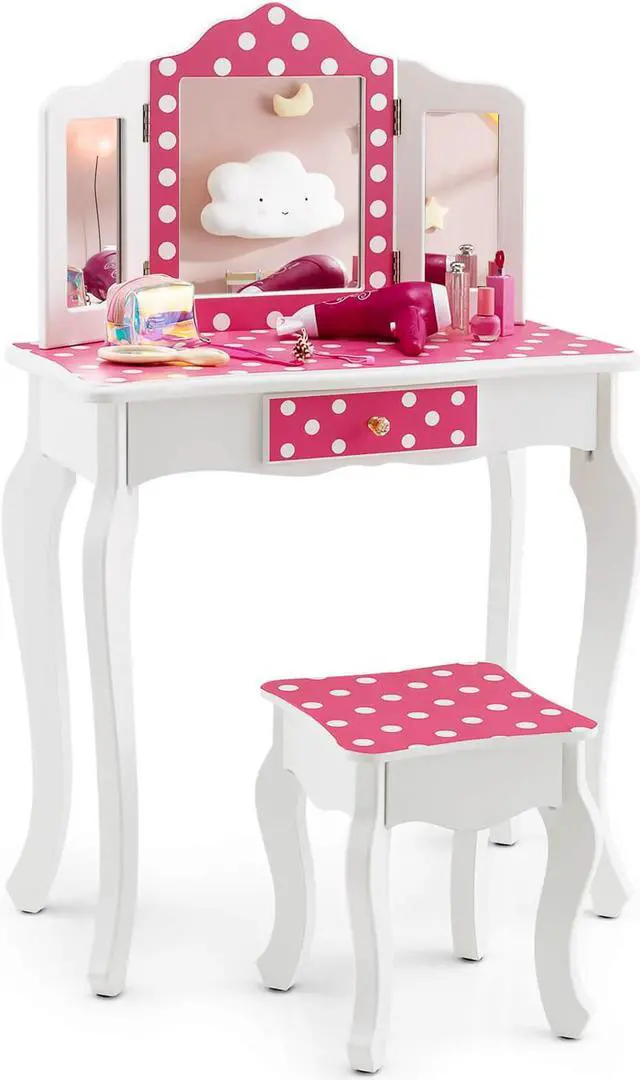Alt view image 2 of 7 - SlickBlue Kids Vanity Table and Stool Set with Cute Polka Dot Print-Pink