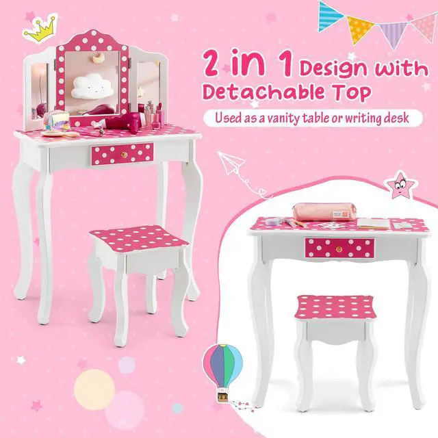 Alt view image 7 of 7 - SlickBlue Kids Vanity Table and Stool Set with Cute Polka Dot Print-Pink