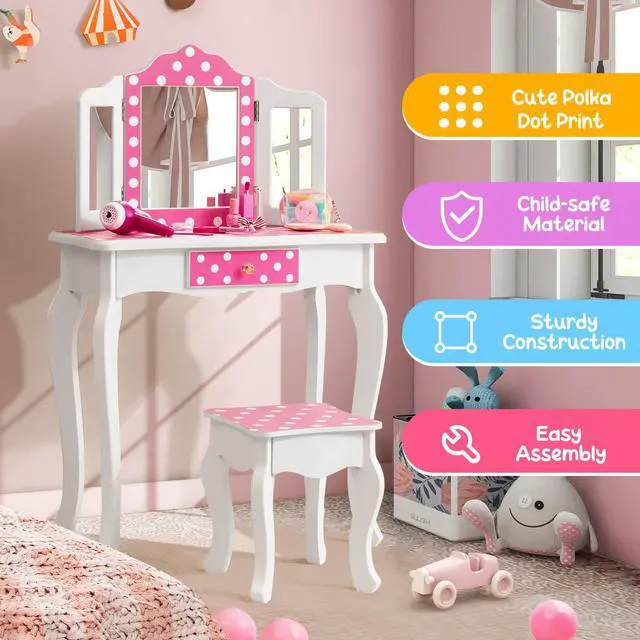 Alt view image 6 of 7 - SlickBlue Kids Vanity Table and Stool Set with Cute Polka Dot Print-Pink