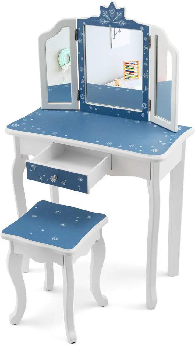 Alt view image 3 of 7 - SlickBlue Princess Vanity Table and Chair Set with Tri-Folding Mirror and Snowflake Print