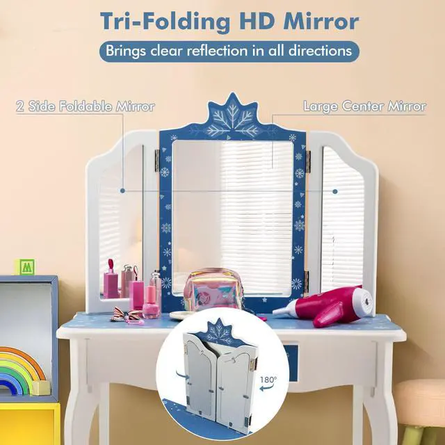 Alt view image 2 of 7 - SlickBlue Princess Vanity Table and Chair Set with Tri-Folding Mirror and Snowflake Print