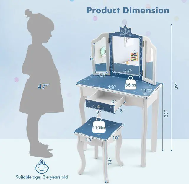 Alt view image 5 of 7 - SlickBlue Princess Vanity Table and Chair Set with Tri-Folding Mirror and Snowflake Print
