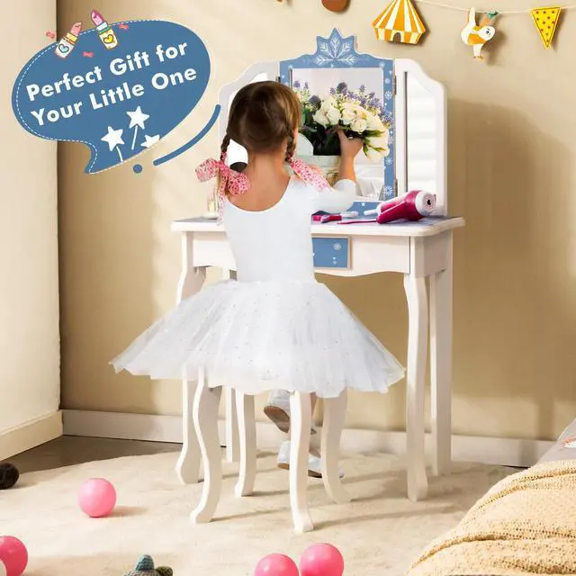 Alt view image 4 of 7 - SlickBlue Princess Vanity Table and Chair Set with Tri-Folding Mirror and Snowflake Print