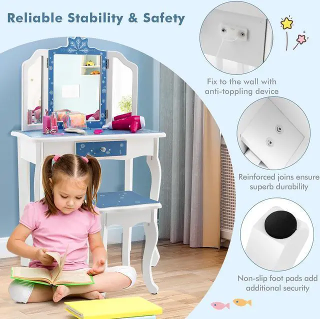 Alt view image 6 of 7 - SlickBlue Princess Vanity Table and Chair Set with Tri-Folding Mirror and Snowflake Print