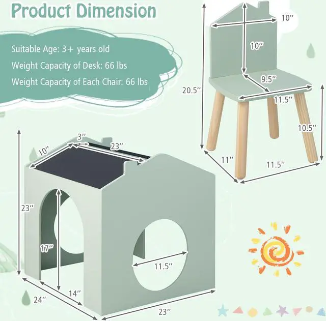 Alt view image 2 of 7 - SlickBlue 3 Pieces Wooden Kids Table and Chair Set-Green